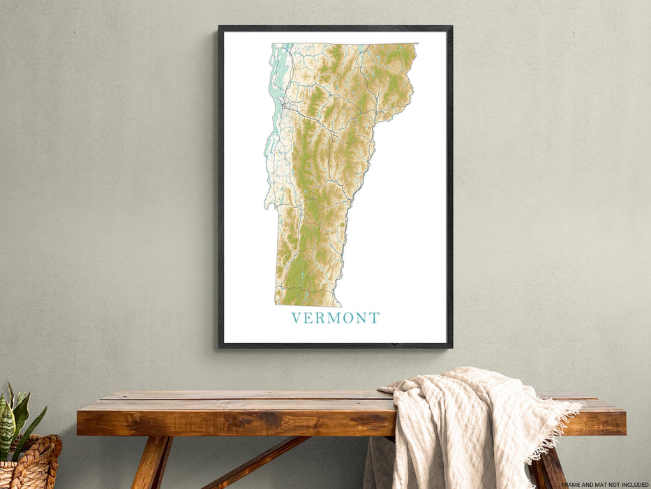 Vermont State Wall Art Map Print Poster, Topographic Landscape Art VT Road Maps for Home Decor