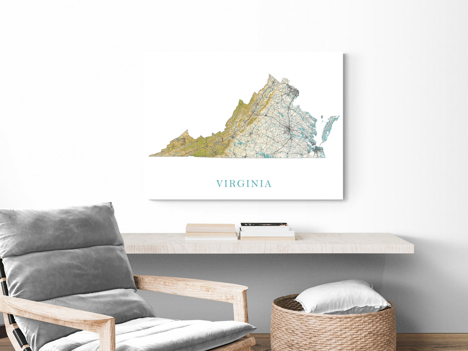 Virginia State Map Print Poster, Home Decor Landscape Wall Art Topographic Road Maps