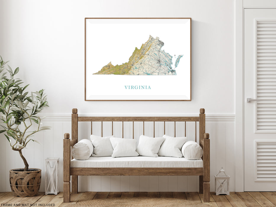 Virginia State Map Print Poster, Home Decor Landscape Wall Art Topographic Road Maps