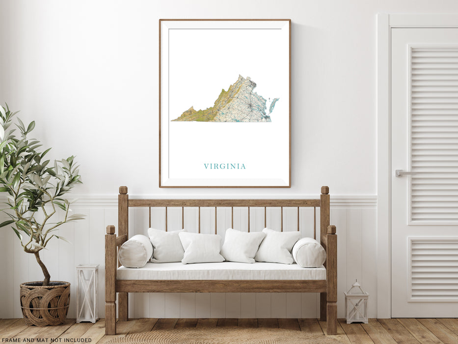 Virginia State Map Print Poster, Home Decor Landscape Wall Art Topographic Road Maps