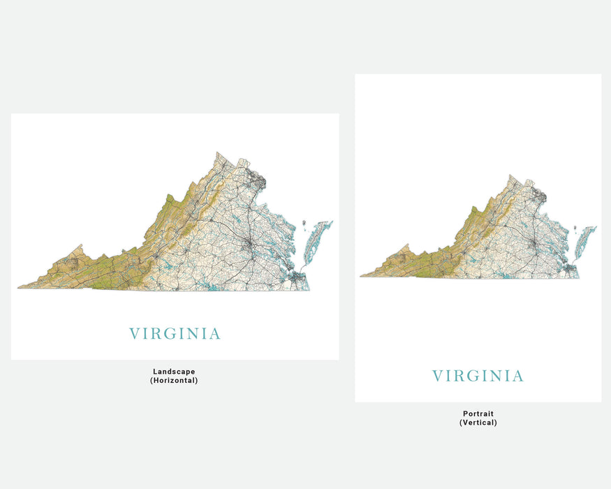 Virginia State Map Print Poster, Home Decor Landscape Wall Art Topographic Road Maps