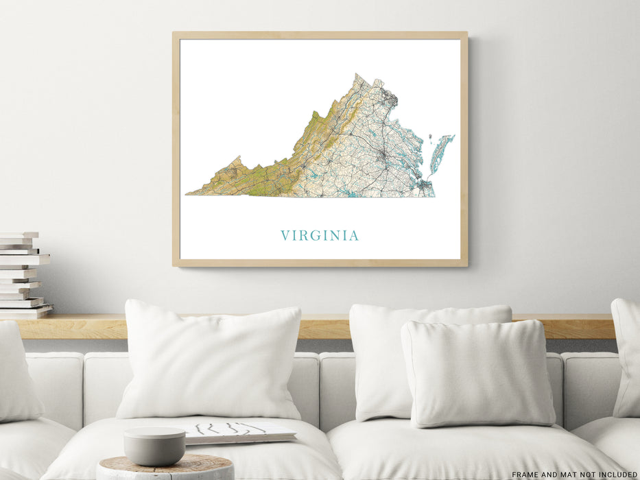 Virginia State Map Print Poster, Home Decor Landscape Wall Art Topographic Road Maps