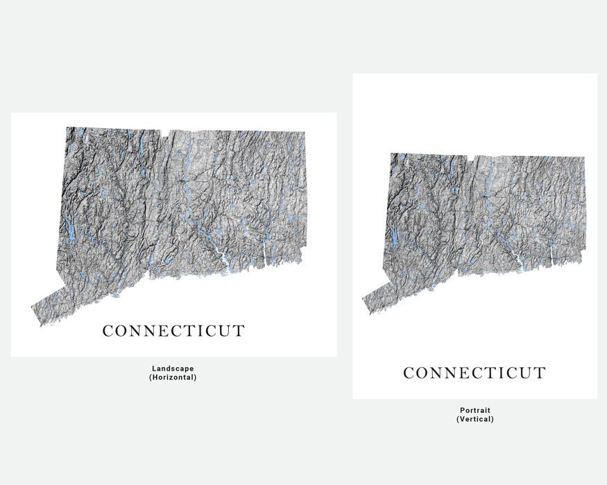 Connecticut state map print with a black and white topographic design by Maps As Art.