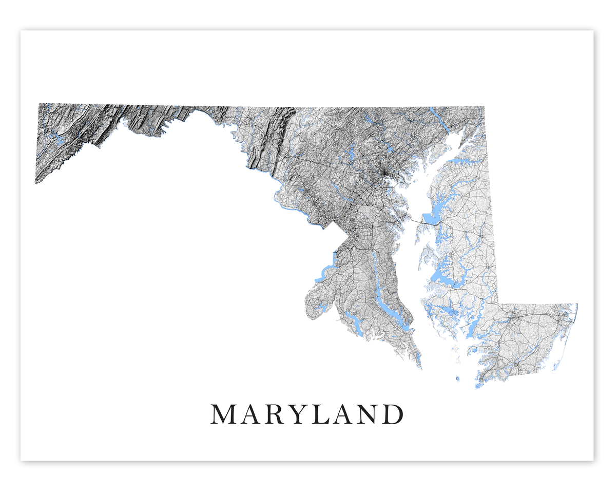 Maryland Map Wall Art Print Poster - Black and White Topographic MD Ro ...