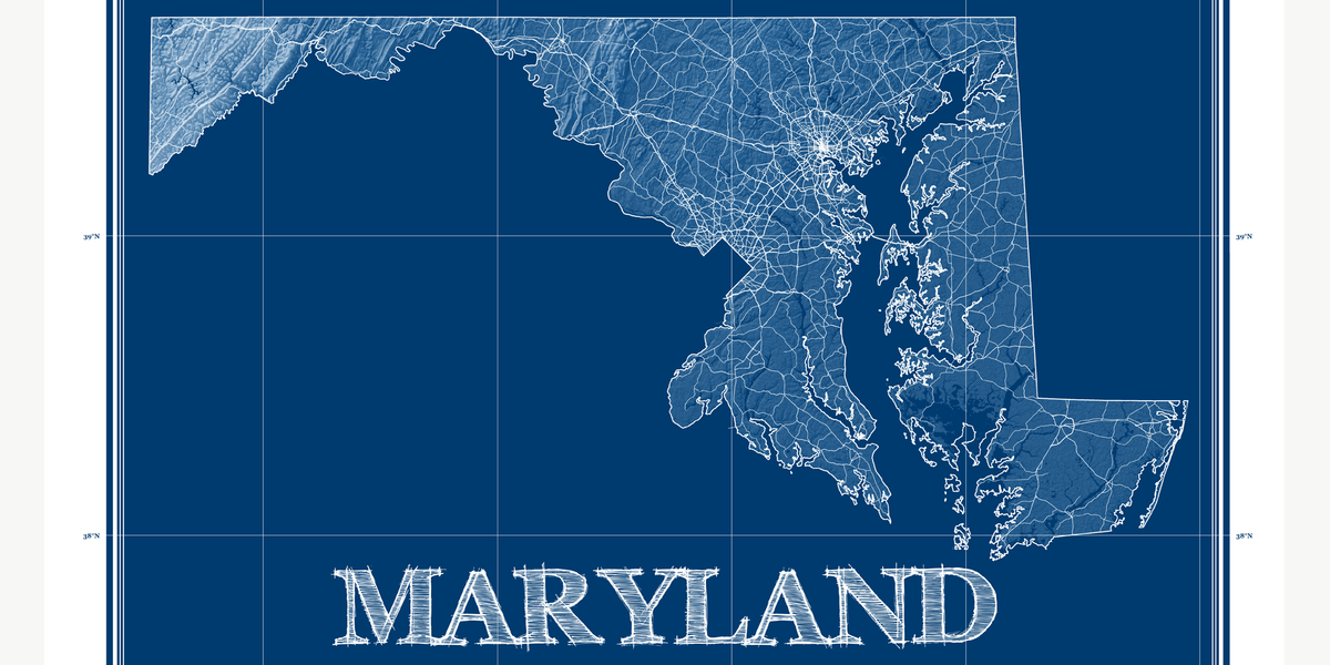 Maryland Map Wall Art Print, Blueprint Md State Poster, Patent Prints 