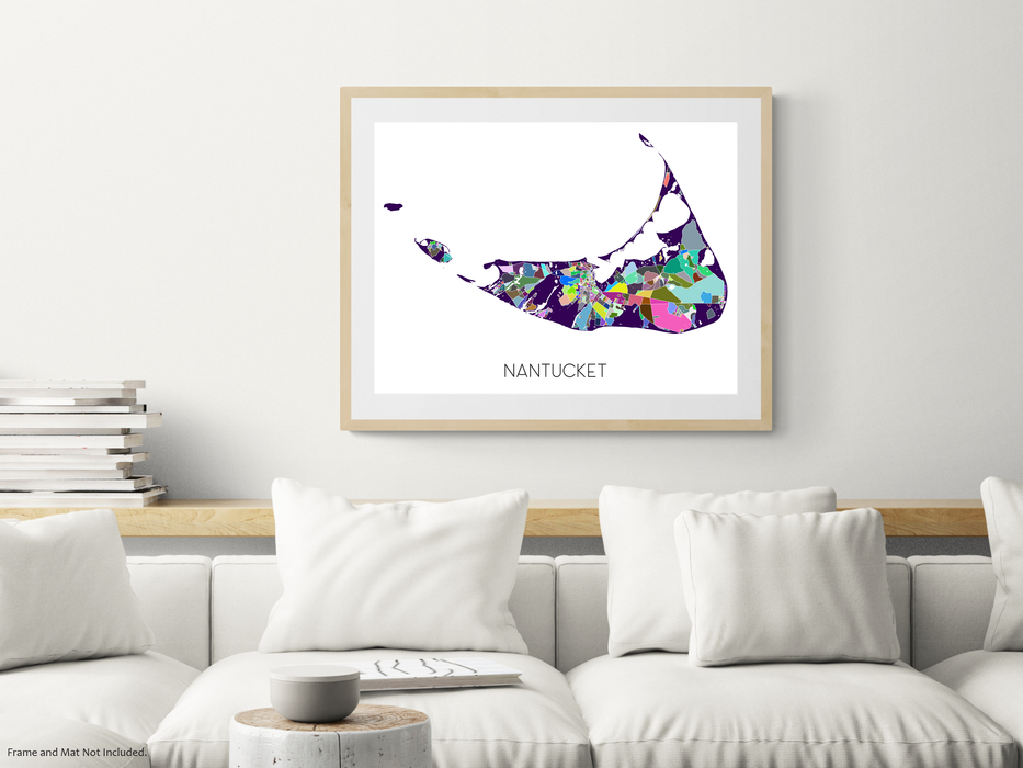 Nantucket, Massachusetts island map print with a colorful geometric design by Maps As Art.