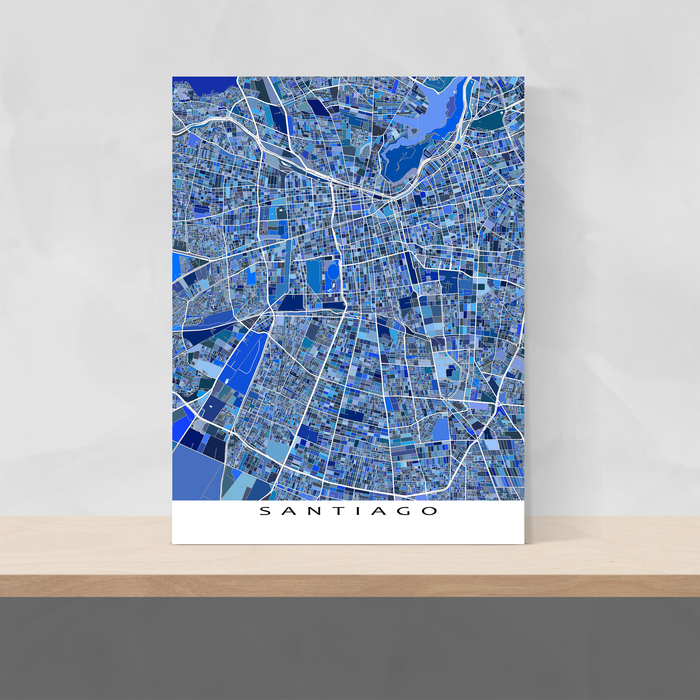 Santiago, Chile map art print in blue shapes designed by Maps As Art.