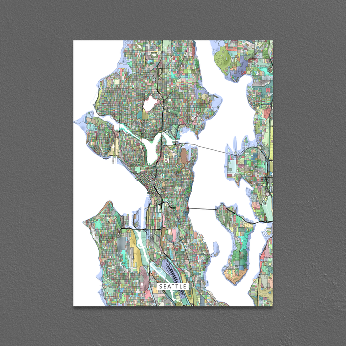 Seattle, Washington map art print in colorful shapes designed by Maps As Art.