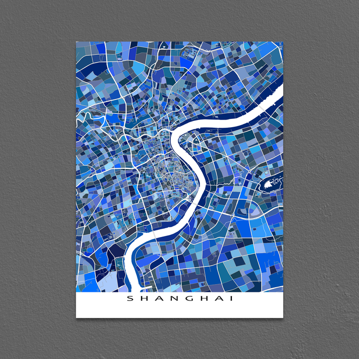 Shanghai, China map art print in blue shapes designed by Maps As Art.