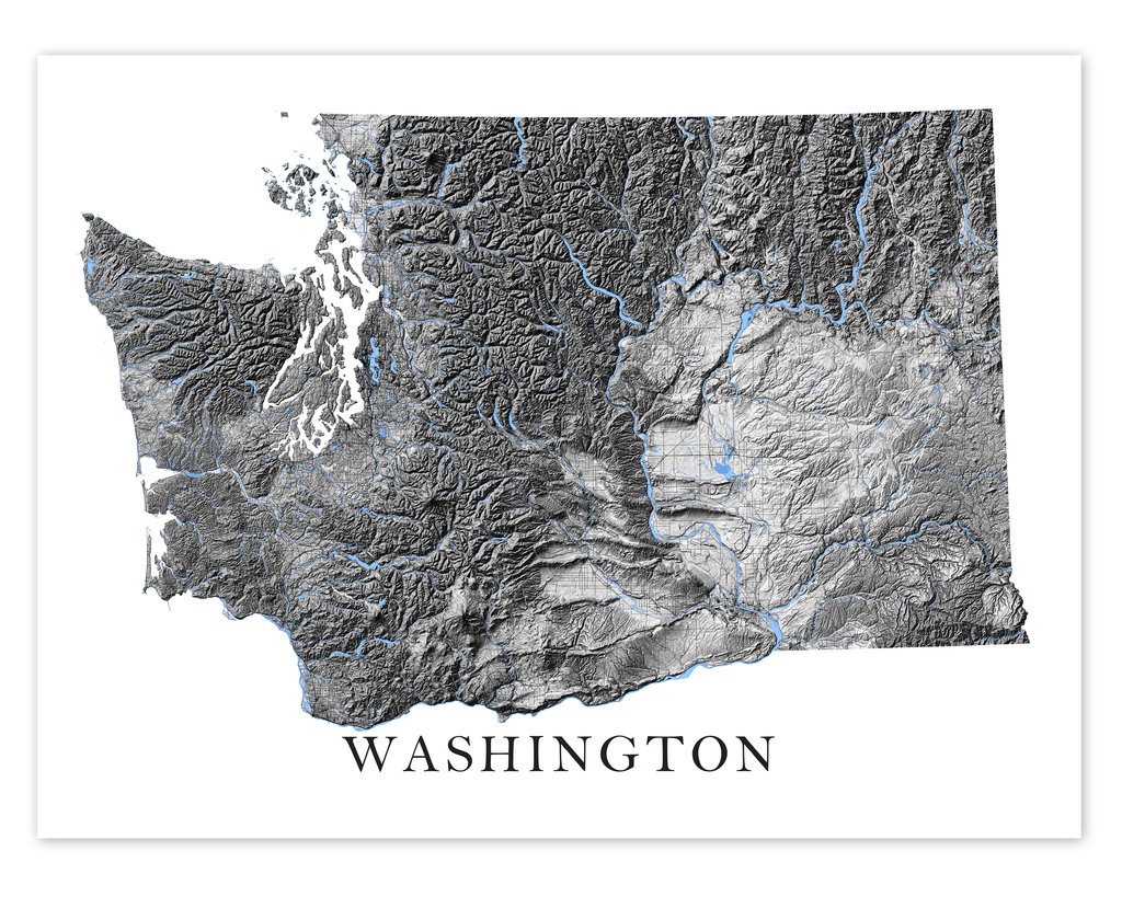 Washington State Map Wall Art Print Poster - Black and White Topographic WA  Road Maps, Seattle